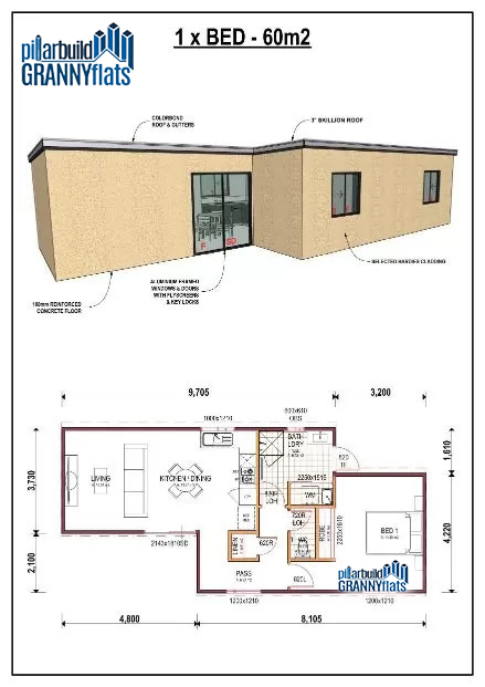 granny flats 60m2 1 beedroom floor plan